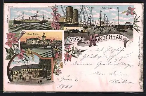 Lithographie Nordenham, Friesischer Hof, Lloyd-Halle, Schiff-Pier