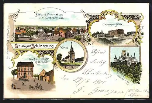 Lithographie Hannover, Gastwirtschaft H. Bessel, Kirche, Calenberger Mühle, Marienburg