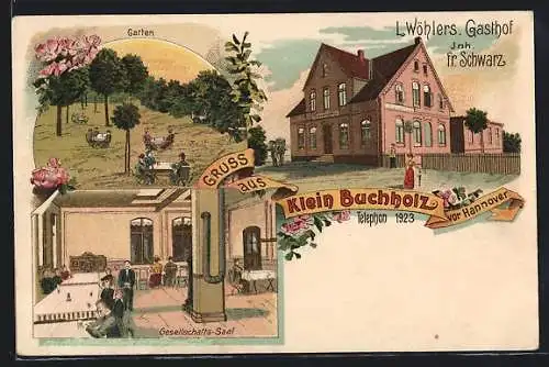 Lithographie Klein Buchholz /Hannover, L. Wöhlers Gasthof, Garten und Gesellschafts-Saal