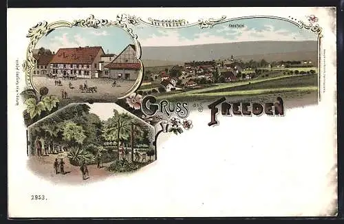 Lithographie Freden, Strassenpartie mit Fachwerkhäusern, Partie im Garten