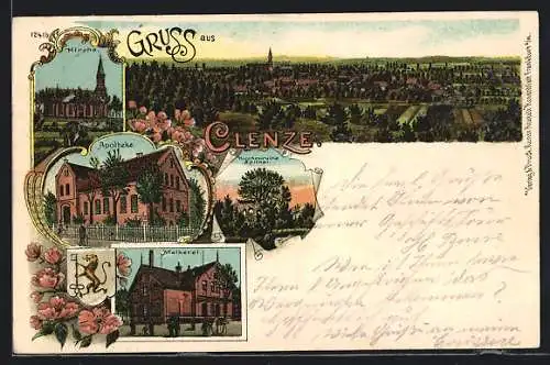 Lithographie Clenze, Apotheke, Molkerei, Panorama