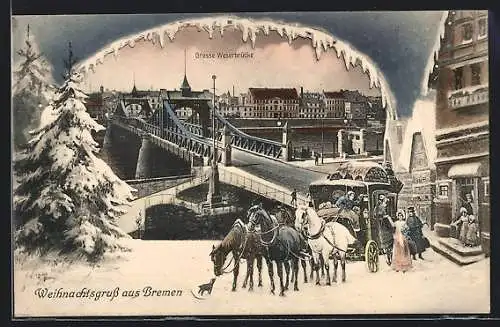 AK Bremen, Grosse Weserbrücke im Wintermotiv