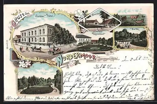 Lithographie Nordermoor, Janssens Hotel, Bauernhaus, Teppichbeet