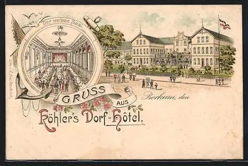 Lithographie Borkum, Köhlers Dorf-Hotel, weisser Saal