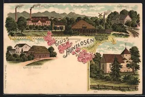 Lithographie Huntlosen, Gasthof Schmidt, Ziegelfabrik, Bahnhof