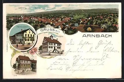 Lithographie Arnbach / Württ, Gasthaus z. Ochsen v. Wilhelm Oehner, Rathaus, Schulhaus