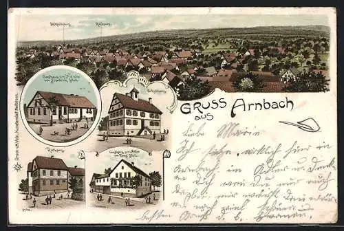 Lithographie Arnbach / Württ, Gasthaus zum Hirsch, Rathaus, Schulhaus