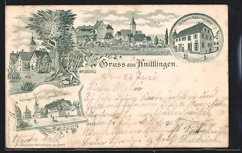 Lithographie Knittlingen, Dr. Fausts Geburtshaus, Dekanathaus, Rathaus