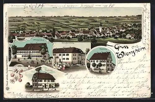 Lithographie Wiernsheim, Handlung H. Preisendanz, Pfarrhaus, Forsthaus