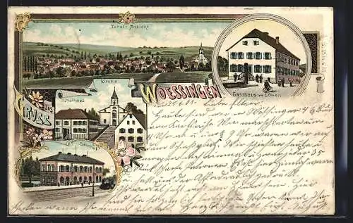 Lithographie Wössingen, Gasthaus zum Löwen, Bahnhof, Schulhaus