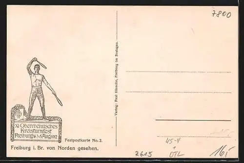 AK Freiburg i. Br., XI. Oberrheinisches Kreisturnfest 1912, Teilansicht mit Kirche und Strassenpartie, Wappen des DTB