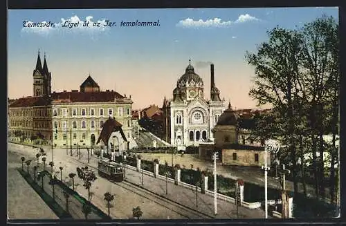 AK Temesvár, Synagoge und Strassenbahn, Liget út az Izr. templommal