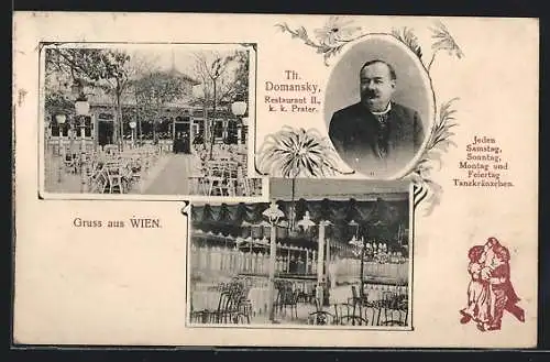 AK Wien, Th. Domansky Restaurant II. K.K. Prater, Innen & Aussenansicht, Portrait