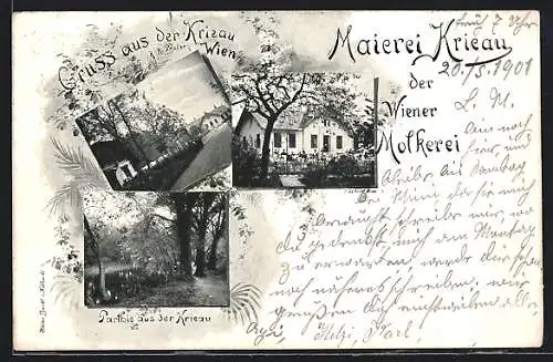 AK Wien, Krieau, Gasthaus Maierei Krieau der Wiener Molkerei mit Strasse und Garten, Krieau-Partie