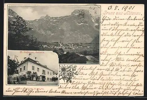 AK Abtenau, Gastwirt M. Buchegger, Ortsansicht aus der Vogelschau