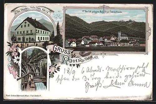 Lithographie Rohr i. Gebirge, K. k. Post-, Telegraphen- und Telefon-Station, Ortsansicht