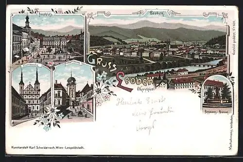 Lithographie Leoben, Hauptplatz, Pfarrkirche, Stadtturm, Bergmanns-Brunnen