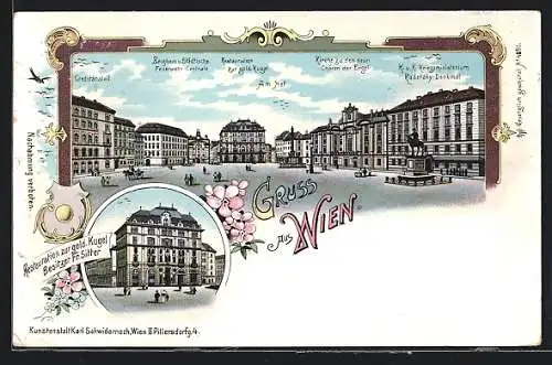 Lithographie Wien, Marktplatz mit Restaurant zur goldenen Kugel, Kreditanstalt, Kriegsministerium