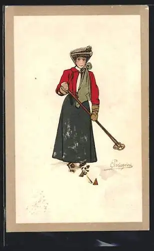 Künstler-AK Carlo Pellegrini: Junge Dame beim Skifahren
