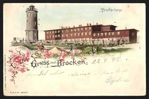 Lithographie Brocken, Brockenhaus und Aussichtsturm, Halt gegen das Licht: beleuchtete Fenster