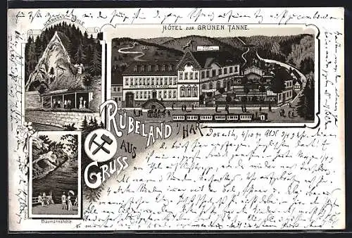 Vorläufer-Lithographie Rübeland i. Harz, 1894, Hotel zur Grünen Tanne, Baumannshöhle, Hermanns-Höhle