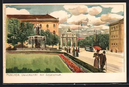 Künstler-Lithographie Paul Hey: München, Universität mit Siegesthor und Strassenbahn