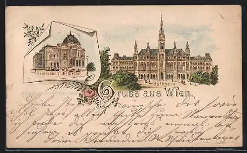 Vorläufer-Lithographie Wien, 1894, Deutsches Volkstheater, Rathaus