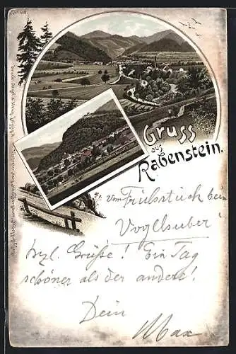 Vorläufer-Lithographie Rabenstein, 1895, Panoramablick auf Ort und Umgebung