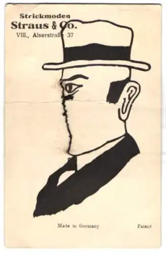 AK Herr im Profil, Metallkettchen zur modellierung desselben, Reklame für Strickmoden Straus & Co