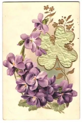 AK Aufgeklebte Veilchen und Kleeblatt aus Stoff