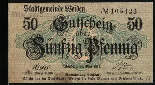 Notgeld Weiden 1917, 50 Pfennig, Wappen im Hintergrund
