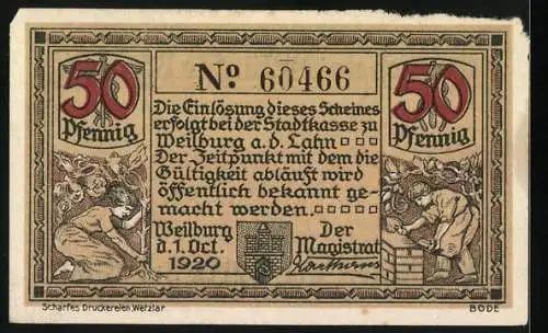 Notgeld Weilburg 1920, 50 Pfennig, Ortsansicht an der Lahn