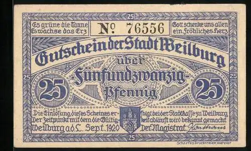 Notgeld Weilburg 1920, 25 Pfennig, Kruppsche Bergverwaltung, Grube Erhaltung