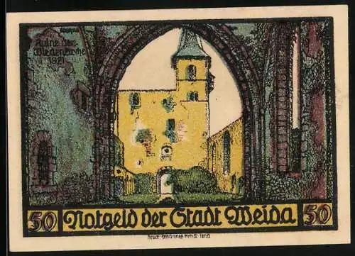 Notgeld Weida 1921, 50 Pfennig, Ruine der Wiedenkirche