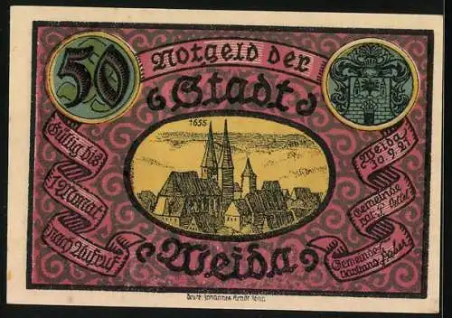 Notgeld Weida 1921, 50 Pfennig, Ruine der Wiedenkirche