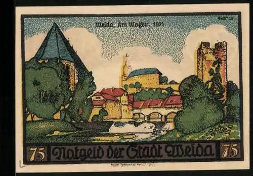 Notgeld Weida 1921, 75 Pfennig, Ortsansicht am Wasser