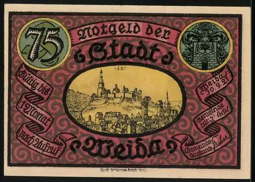 Notgeld Weida 1921, 75 Pfennig, Ortsansicht am Wasser