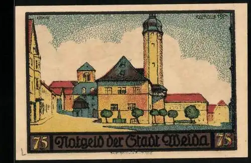 Notgeld Weida 1921, 75 Pfennig, Blick auf das Rathaus
