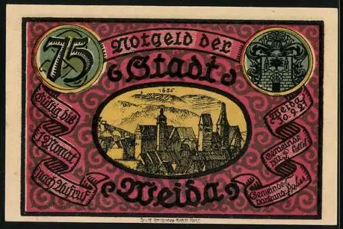 Notgeld Weida 1921, 75 Pfennig, Blick auf das Rathaus