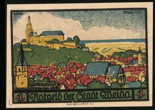 Notgeld Weida 1921, 1 Mark, Ortsansicht mit der Burg