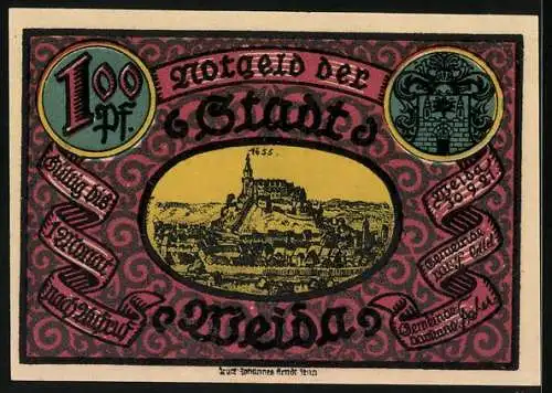 Notgeld Weida 1921, 1 Mark, Ortsansicht mit der Burg