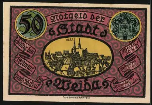Notgeld Weida 1921, 50 Pfennig, Partie an der Stadtkirche
