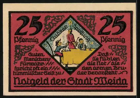 Notgeld Weida 1921, 25 Pfennig, Quäker Familie beim Essen