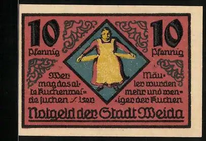 Notgeld Weida 1921, 10 Pfennig, Eine Frau mit leeren Taschen