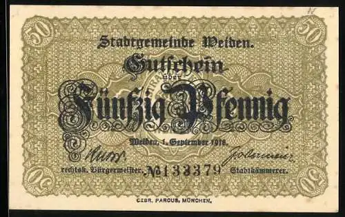 Notgeld Weiden 1918, 50 Pfennig, Blick aufs Rathaus