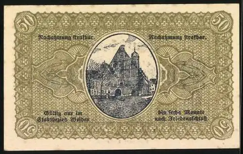 Notgeld Weiden 1918, 50 Pfennig, Blick aufs Rathaus