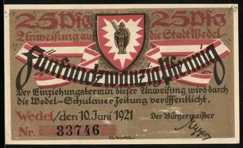 Notgeld Wedel 1921, 25 Pfennig, Büste von Johann Rist