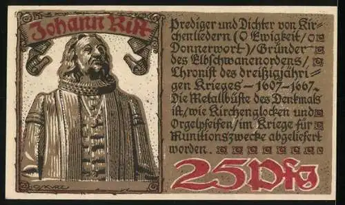 Notgeld Wedel 1921, 25 Pfennig, Büste von Johann Rist