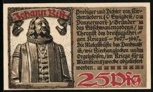 Notgeld Wedel 1921, 25 Pfennig, Die Büste von Johann Rist