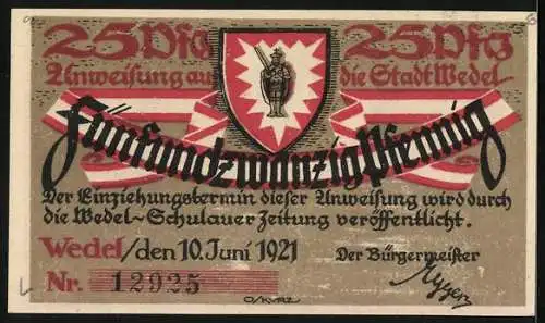 Notgeld Wedel 1921, 25 Pfennig, Die Büste von Johann Rist